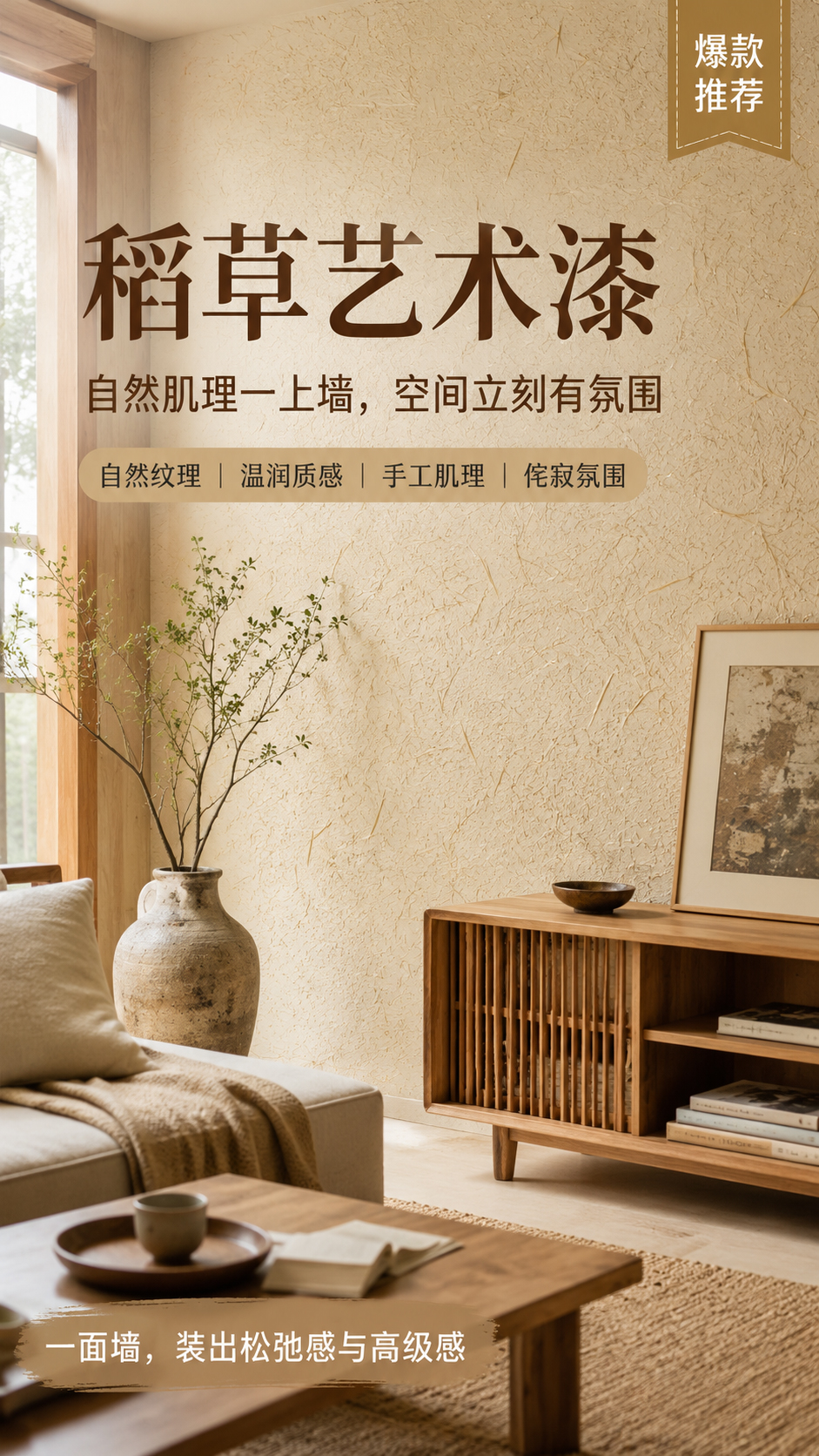 稻草漆施工效果-客厅背景墙